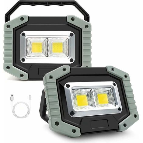 Portable LED Work Light, 30W 1500LM Rechargeable Waterproof COB Floodlight, Super Bright Camping Lights with Stand Built-in Power Bank for Indoor Outdoor Lighting,Grey, 2Pack (1/5)