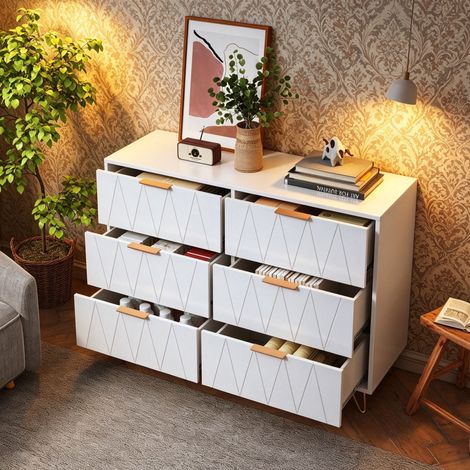 Commode moderne à 6 tiroirs 100×34×73cm, grand volume de rangement, conception anti-basculement, pieds en métal, convient aux salons et chambres, MDF, blanc