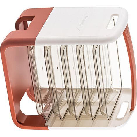 Étagère à légumes à quatre niveaux avec tiroir intégré, en plastique rose. (1/5)