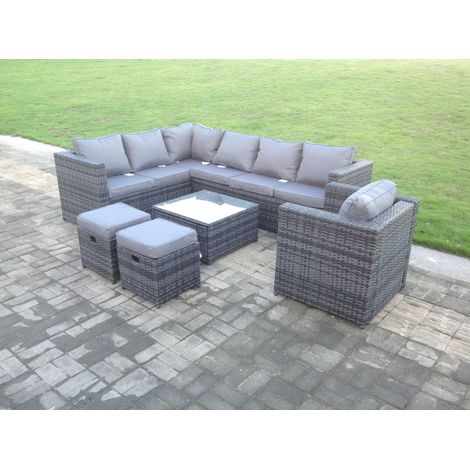 Fimous Dark Grey Mixed Rattan Garden Furniture Corner Sofa Set Square Coffee Table Chair Footstools Left Hand Option (1/2)