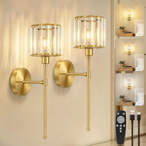 Applique Murale Intérieure Rechargeable, Dorée Lampe Murale Sans Fil 4000mAh Lampe Murale à Piles avec Télécommande, Dimmable Applique Murale LED avec Abat-jour en Cristal pour Chambre, Lot de 2 (1/5)