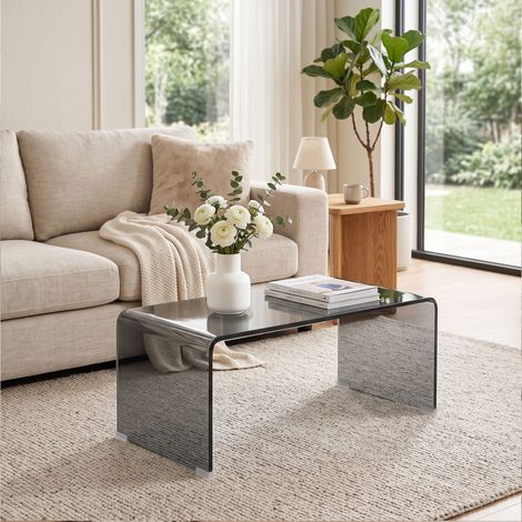 Table Basse en Verre, Table de Salon Rectangulaire Design Moderne avec Bords Arrondis Sûrs, Gris Clair Transparent (1/5)