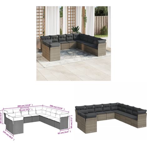 Salon de jardin 11 pcs avec coussins gris résine tressée - Salon De Jardin - Mobilier Extérieur - Set Salon - Résine Tressée - Rotin Synthétique - Home & Living (1/3)
