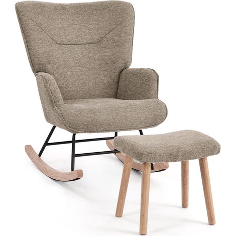 GOEURVANT - Ergonomic Rocking Chair with Footstool - Sand - Textured Fabric - High Backrest & Silent Rocking Function