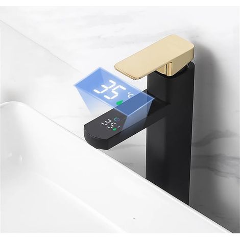 Mitigeur lavabo noir et doré avec affichage LED, robinet salle de bain moderne G3/8, mélangeur eau chaude froide à levier unique design élégant (1/5)