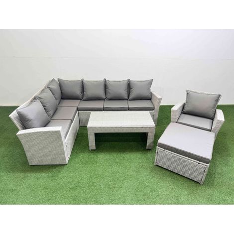 Fimous Rattan Garden Furniture Set Outdoor 8 Seater Corner Sofa Sets with Oblong Coffee Table Chair Big Footstool Light Grey Mixed (1/5)