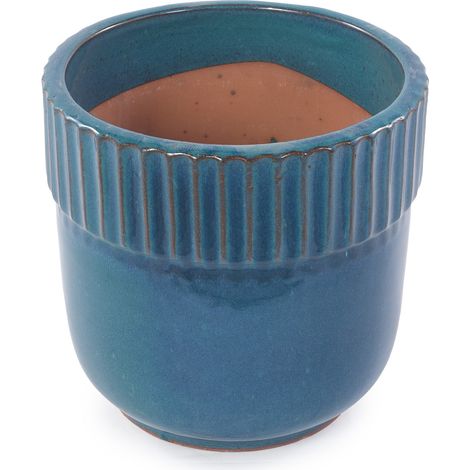 Set de 3 pots de fleurs en céramique artisanale, turquoise brillant, Ø 38/30,5/23 cm, avec rainures décoratives (1/5)