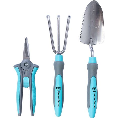 Set di 3 attrezzi da giardino Holtaz, attrezzi da giardino con spingi-mani, cesoie per piante con comoda impugnatura antiscivolo per aiuole, balconi e giardini.