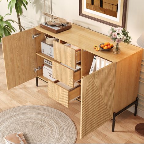 Credenza in MDF color naturale 115,5 cm con 2 ante, 1 cassetto centrale e gambe in ferro (1/5)