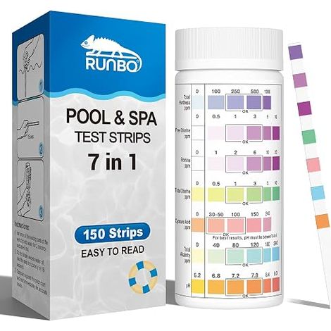 Bandes de test 7 en 1 pour piscine et spa, pour tester le brome, l'alcalinité totale, le chlore libre, la dureté totale, l'acide cyanurique et le chlore total, le pH