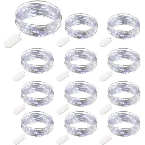 12 Packs Guirlandes Lumineuses à Piles, 20 LEDs 2M Guirlande en Cuivre, IP65 Étanche Argent Fil Blanc Froid Ambiance Lumière pour Décoration Noël Fête Mariage Jardin Terrasse Pelouse Maison