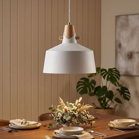 LED Hängeleuchte Pendelleuchte Schlafzimmerlampe Metall Weiß Holzoptik H 150 cm (1/5)