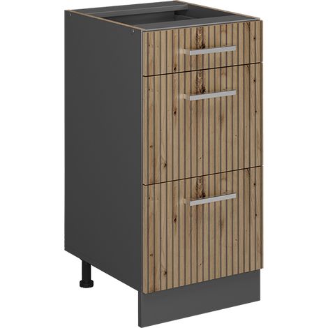 Mueble bajo de cocina R-Line, Roble artesanal, 40 cm con cajones, sin encimera, Vicco