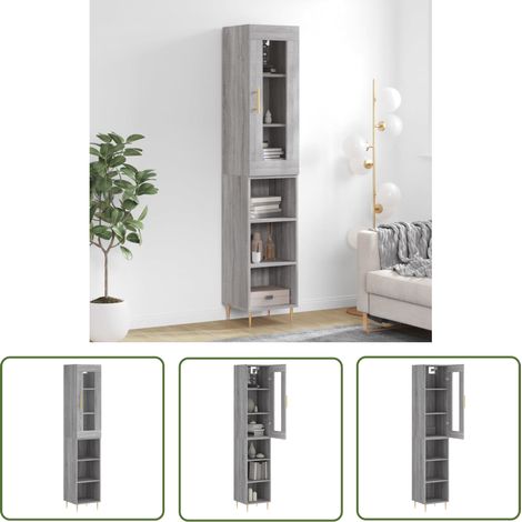 The Living Store Highboard Grau Sonoma 34,5x34x180 cm Holzwerkstoff - Helles Wohnaccessoire - Sideboard Grau - Hochschrank - Vitrine - Aufbewahrungsmöglichkeiten (1/5)