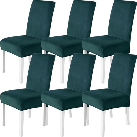 Stuhlhussen Samt 6er Set, Stretch Stuhlbezug Dunkelgrün, Waschbar (1/5)