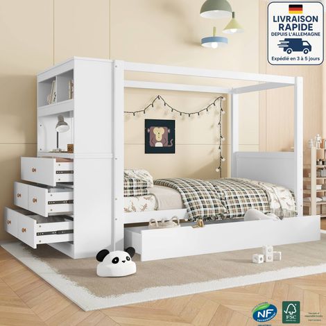 Letti con 5 cassetti 90x200 cm, legno, senza materasso, letti per bambini, senza materasso, bianco