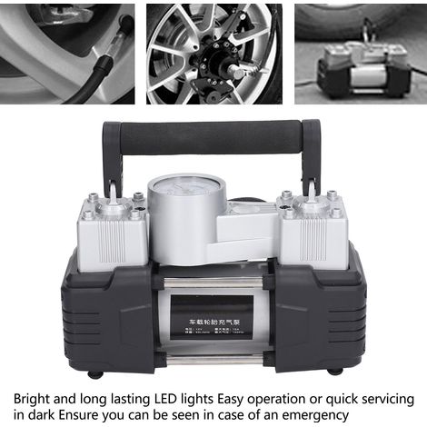 Compresseur d'air haute pression portable 12 V à double cylindre pour voiture, gonfleur de pneus haute performance 100 PSI avec éclairage de travail LED. (1/5)