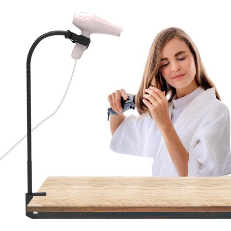 Support pour sèche-cheveux mains libres, bras flexible 33,5 po avec pince, support pour sèche-cheveux portatifs, compatible avec bureaux jusqu’à 2,4 po d’épaisseur (noir) (1/5)
