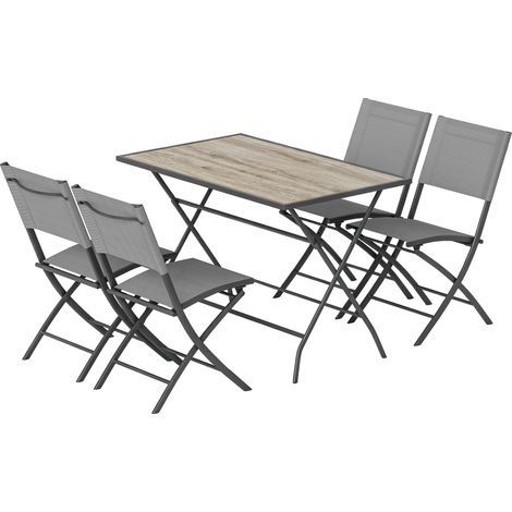 Ensemble de jardin pliable, 5 pièces avec table et 4 chaises respirantes, aspect bois, gain de place (1/5)