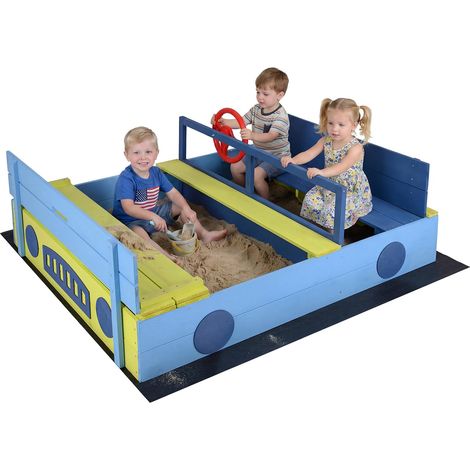 COSTWAY Sabbiera per Bambini in Legno di Abete, Sabbiera da Esterno con Panche e Fodera, Sandbox per Bambini a Forma di Macchina con Volante Rotante, 118x100x40 cm (1/5)