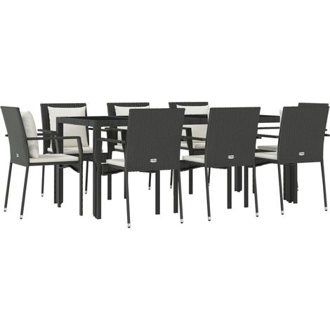 Mobile da pranzo da giardino in 9 pezzi e cuscini in resina intrecciata nera 020014839