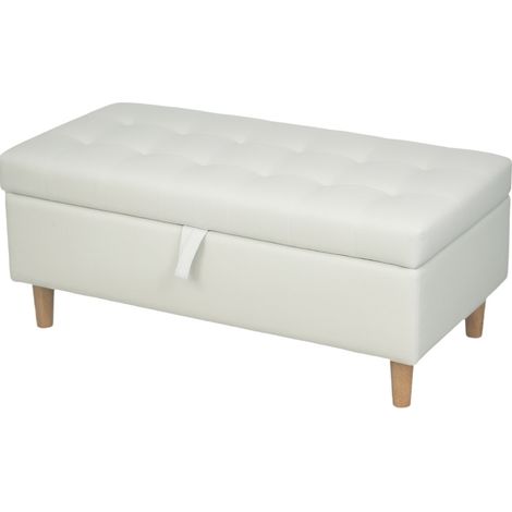 Banco otomano con almacenaje de tela suave y patas de madera, blanco crema, 115 x 50 x 43 cm (1/5)