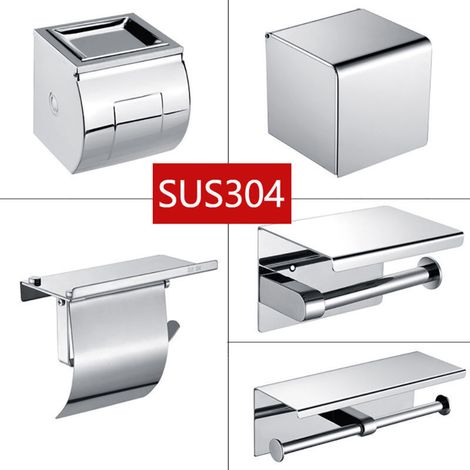 Portarotolo da parete con ripiano, autoadesivo in acciaio inox, portarotolo con piattaforma portaoggetti per bagno e cucina (1/4)