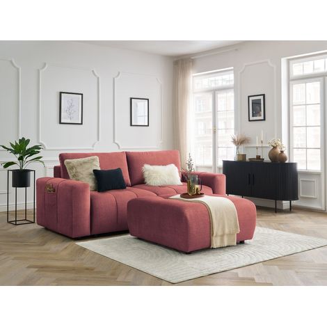 BOBOCHIC - Canapé droit convertible coffre ARSENE tissu velours avec pouf   Orange (1/5)
