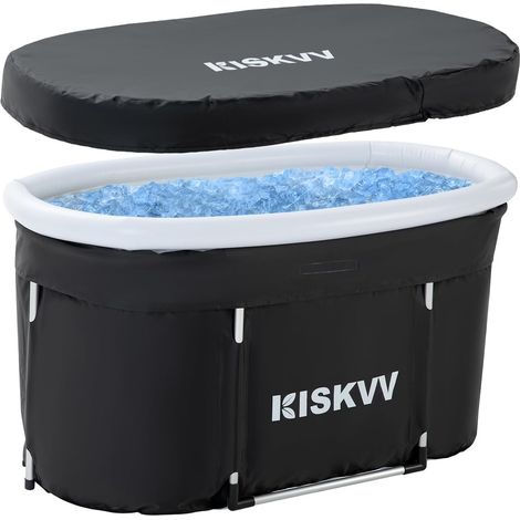 Bain de Glace avec Couvercle, 115x55x57cm Baignoire Pliable pour Athlètes, Baril de Glace Isolé pour Intérieur Extérieur, Baignoire de Récupération, Baril de Bain de Glace pour Adultes (Black) (1/5)