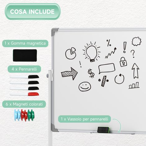Tableau blanc magnétique réversible sur roulettes, 127x50x165 cm, cadre aluminium et acier, avec accessoires inclus. (1/5)