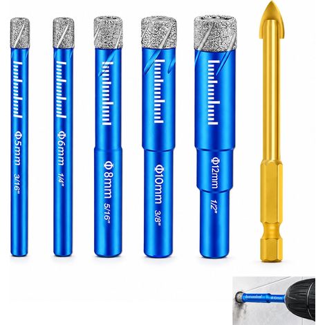 Lot de 6 Forets Mèches Diamant Carrelage 5 6 8 10 12 mm, Foret carrelage pour céramique verre marbre quartz, avec Foret de Pré-Perçage 6 mm et Cire de Refroidissement (1/5)