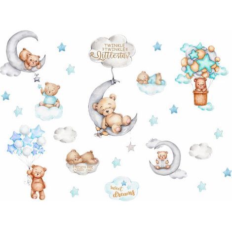 Pegatinas de pared infantiles con ositos de peluche durmiendo, murales de ositos de peluche con globos, nubes y estrellas para la habitación infantil o la guardería. (1/5)