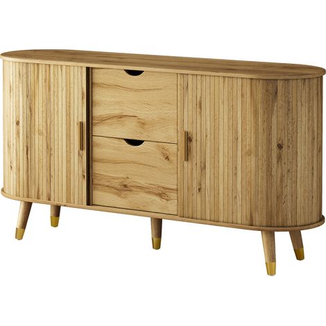 Buffet en MDF effet bois avec 2 tiroirs, étagères ouvertes et angles arrondis 140x40x79,5 cm (1/5)