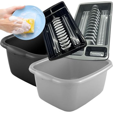 Silver Set 1 Rectangular Washing Up Bowl & 1 Silver Dish Drainer Rack (1/4)