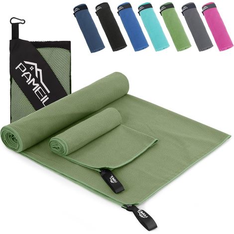 Serviette Microfibre Lot de 2 (Serviette Sport 160x80cm+Petite Serviette 80x40cm), Compactes et à Séchage Rapide - Serviette de Sport pour Le Sport et Le Fitness (Vert Armée) (1/5)