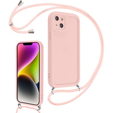 Coque pour iPhone 14 Plus 6,7" avec Cordon de Collier Réglable, Etui Protection de la Caméra Silicone Souple TPU Antichoc Housse avec Corde Lanyard Cover pour Femmes Filles, Rose (1/5)