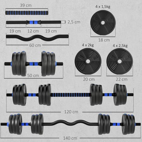 Kit de mancuernas ajustables 25 kg 3 en 1 con barra recta y barra EZ, azul HAVRYA (1/5)