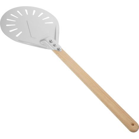Spatule à pizza ronde perforée de 18 cm avec manche rond plat en bois de 40 cm (1/5)