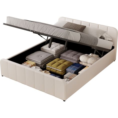 Cama con caja de almacenaje 140x190cm en terciopelo beige TAMPA