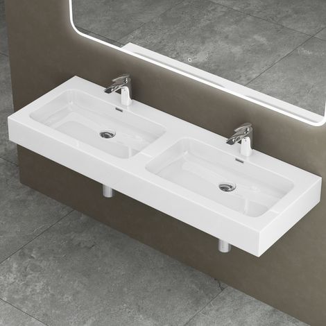 doporro Double Lavabo à Poser Blanc 141cm Vasque pour 2 Lave Mains pour Salle de Bains 141x48x13 Colossum830 (1/5)