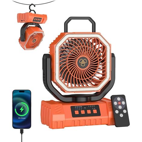 Ventilateur Camping Portable 20000mAh, Mini Ventilateur USB C avec 4 Vitesses, Minuterie 1-8H, 2 Angles de Rotation (45°/90°), Lampe LED 3 Niveaux (orange) (1/5)