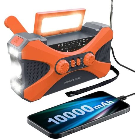 Radio D'urgence 10000mAh Manivelle Solaire Chargeur Portable Lampe Torche LED Orange (1/4)
