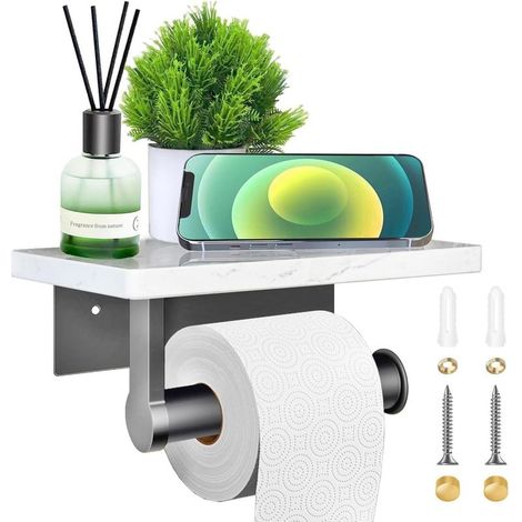 Porte Papier Toilette sans Perçage en Aluminium, Porte Rouleau Papier Toilette en marbre avec étagère, Support Papier Toilette Mural, Porte-Papier Mural pour Salle de Bain, Cuisine, Noir (Blanc)