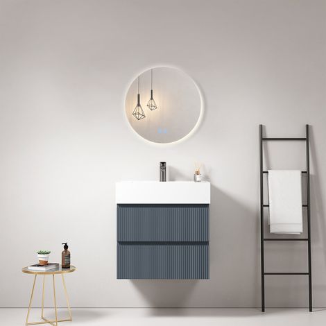 Mobile bagno sospeso cannettato 60 cm Blu Mare Lavabo in Resina Specchio Tondo Retroilluminato - Fiji Paint