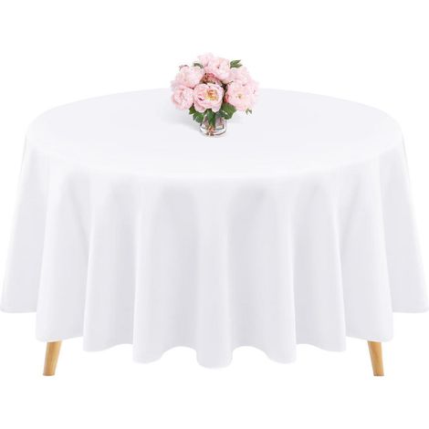 Nappe ronde 229cm Blanc Polyester Lavable pour Mariage & Fête