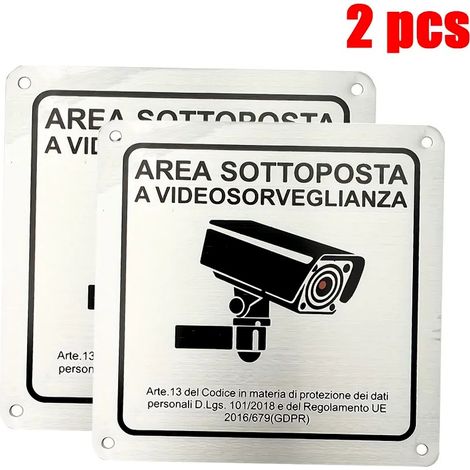 2 Cartelli Area Videosorvegliata GDPR 15x15 cm in Alluminio Spazzolato con Adesivo e Fori (1/5)