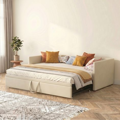 Fortuna Lai – Lit escamotable 90/180x200 cm – Canapé lit convertible 2 places – Sommier à lattes en bois massif – Revêtement velours beige