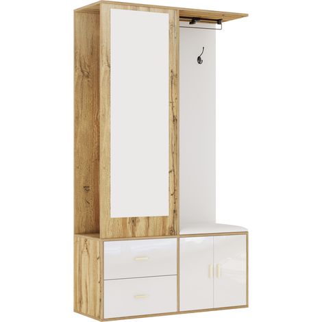 Mueble recibidor con espejo, zapatero, banco y perchero blanco y madera 100 x 38 x 180 cm (1/5)