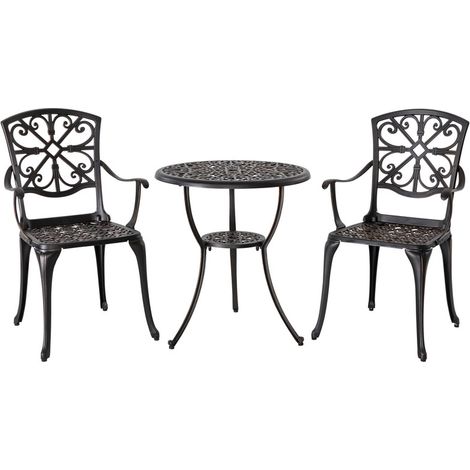 Avestar 3-teiliges Bistro Set Metall aus Aluminiumguss, Gartenmöbel Set, Balkonmöbel, runder Bistrotisch mit 2 Gartenstühlen, Schwarz Blütenblatt