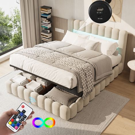 Lit Coffre 160 x 200 CM avec Sommier,Lit deux place avec LED et USB,Lit 160 x 200 avec Rangement sous,souche d'arbre,Lin,Beige